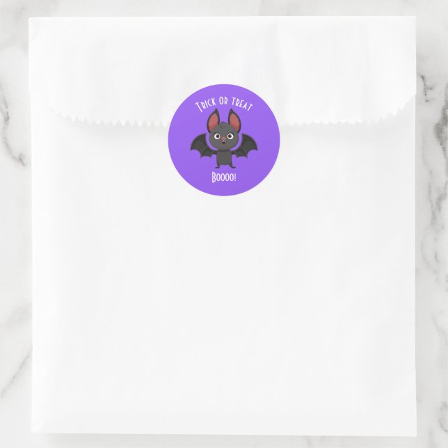 Sticker Rond Joyeux Halloween Bat mou Violet de chatte de chatt (Sac)