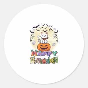 Sticker Rond Joyeux Halloween Chat Blanc Citrouille Lune Chauve