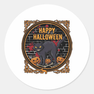 Sticker Rond Joyeux Halloween Chat Noir Citrouilles Os_1