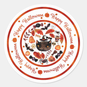 Sticker Rond Joyeux Halloween Chat Noir Fantaisiste Aquarelle