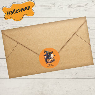 Sticker Rond Joyeux Halloween Chat noir Jack-o-Lantern Orange