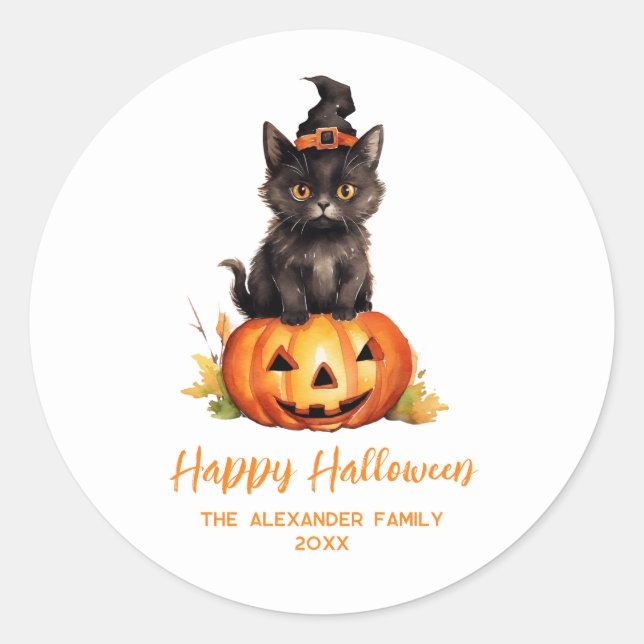 Sticker Rond Joyeux Halloween Chat Noir Sorcière Chapeau Citrou (Devant)