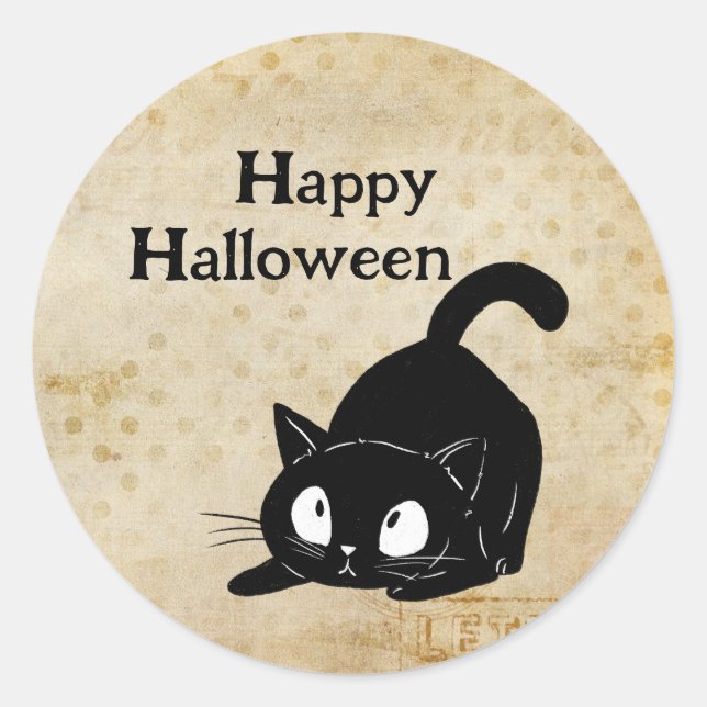 Sticker Rond Joyeux Halloween Chat Noir Vintage Effrayant (Devant)