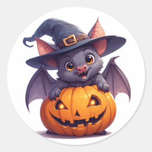 Sticker Rond Joyeux Halloween Chauve-Souris Tenant une Citrouil