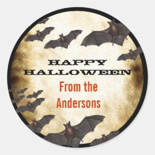 Sticker Rond Joyeux Halloween Chauves-souris et Parchemin Brûlé