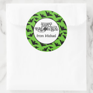 Sticker Rond Joyeux Halloween chauves-souris vert noir épouvant