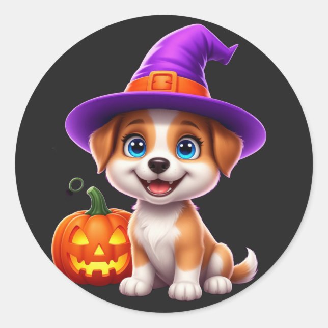 Sticker Rond Joyeux Halloween Chiot Avec Citrouille Jack 🐶 (Devant)