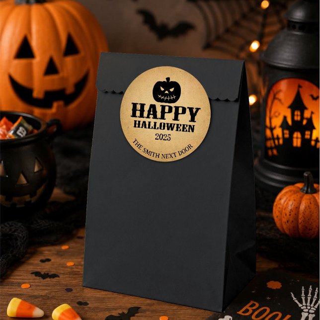 Sticker Rond Joyeux Halloween Citrouille Papier Brun (Créateur téléchargé)
