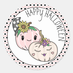 Sticker Rond Joyeux Halloween   Citrouille rose et Pois