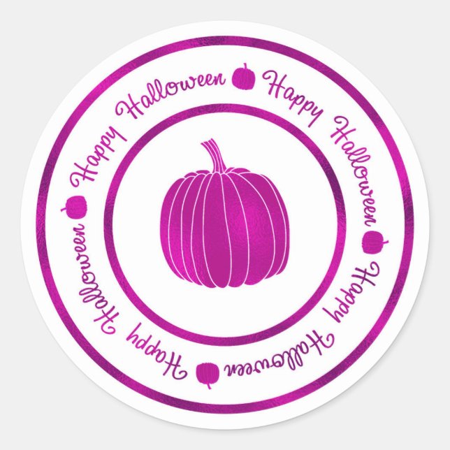 Sticker Rond Joyeux Halloween & Citrouille Violet Brillant Glam (Devant)