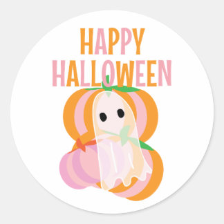 Sticker Rond Joyeux Halloween citrouilles roses et un fantôme
