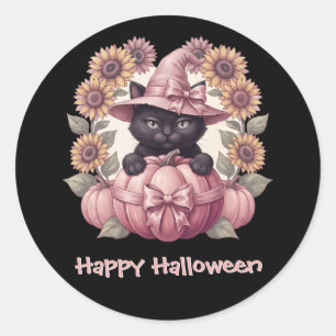 Sticker Rond Joyeux Halloween Coquette Chat Noir & Citrouille R