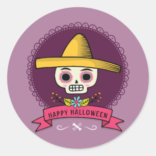 Sticker Rond Joyeux Halloween. Crâne à sucre.