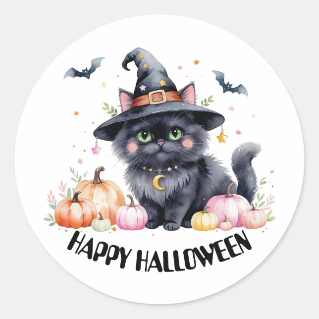 Sticker Rond Joyeux Halloween Cute Black Cat (Devant)