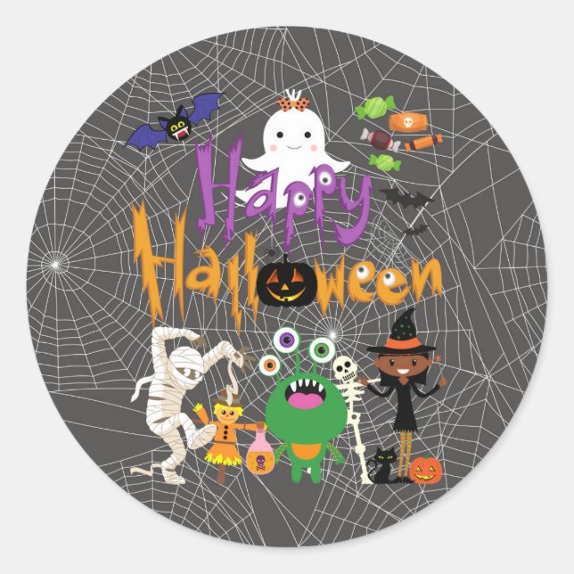 Sticker Rond Joyeux Halloween Enfants mignonnes et Éffrayants (Devant)