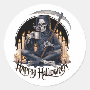 Sticker Rond Joyeux Halloween et un squelette
