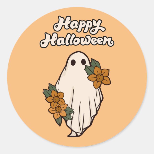 Sticker Rond Joyeux Halloween Gentil Fantôme avec des Fleurs (Devant)