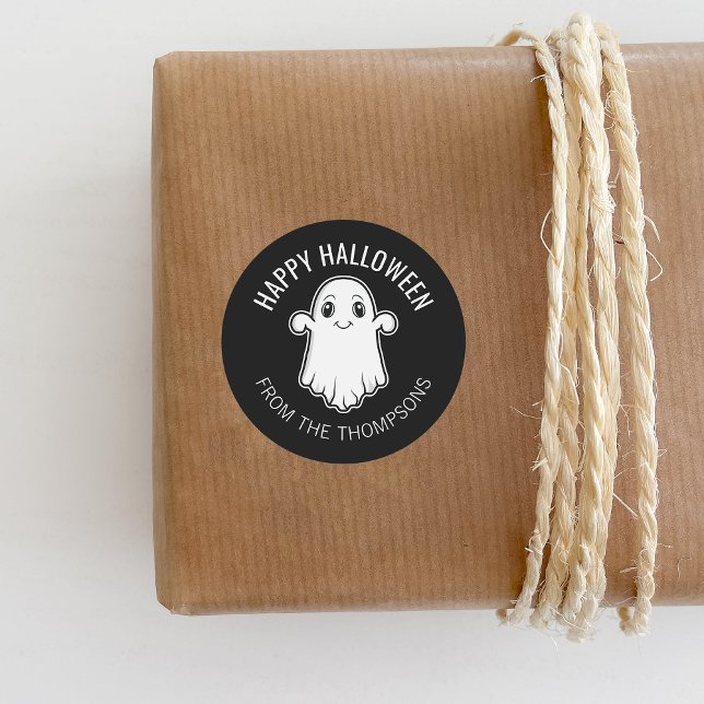 Sticker Rond Joyeux Halloween Ghost Sourire texte personnalisé  (Ideal for personalizing Halloween gifts and party favors, for example.)