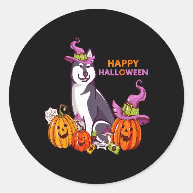 Sticker Rond Joyeux Halloween Husky sibérien Drôle Mignon (Devant)