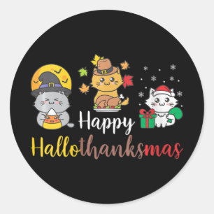 Sticker Rond Joyeux Halloween Noël Thanksgiving Chat