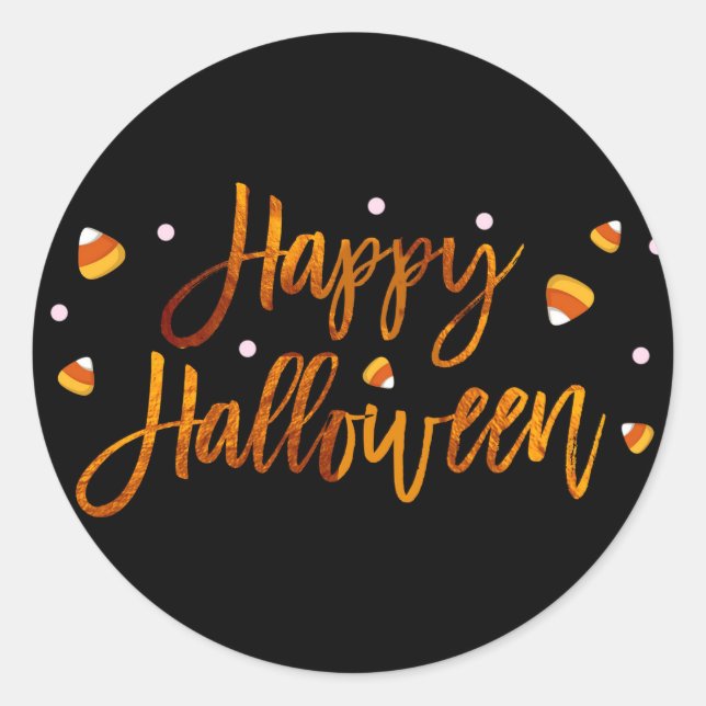 Sticker Rond Joyeux Halloween Orange Moderne Feuille Script Ten (Devant)