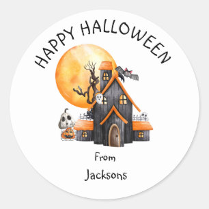 Sticker Rond Joyeux Halloween personnalisé avec un gentil fantô