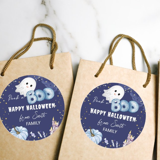 Sticker Rond Joyeux Halloween regarder un garçon mignon fantôme (Happy Halloween stickers cute baby ghost starry blue night pumpkin stickers)