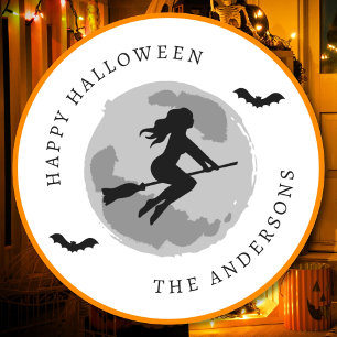 Sticker Rond Joyeux Halloween Sorcière à Vélo Balai Texte Perso