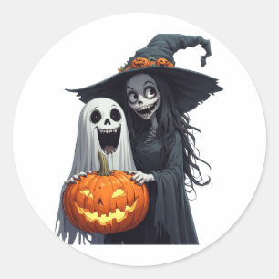Sticker Rond Joyeux Halloween Sorcière Fantôme Citrouille 🪄