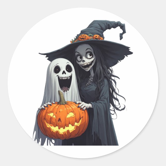Sticker Rond Joyeux Halloween Sorcière Fantôme Citrouille 🪄 (Devant)