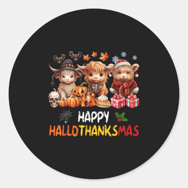 Sticker Rond Joyeux Halloween Thanksgiving Christmas Highland C (Devant)