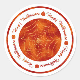 Sticker Rond Joyeux Halloween Toile d'Araignée Orange Brillant 