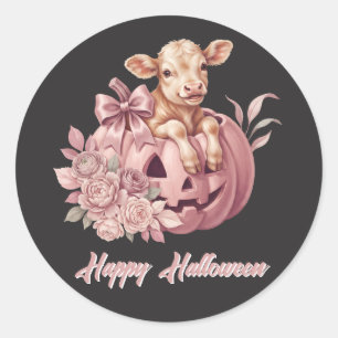 Sticker Rond Joyeux Halloween Veau Bébé dans une Citrouille Ros
