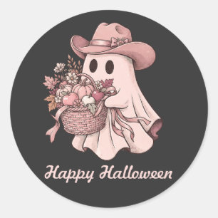 Sticker Rond Joyeux Halloween Western Fantôme Rose & Récolte d'