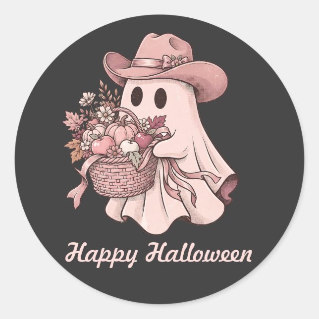 Sticker Rond Joyeux Halloween Western Fantôme Rose & Récolte d' (Devant)
