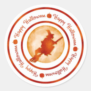 Sticker Rond Joyeux Halloween Witch Moon Orange Shine Party