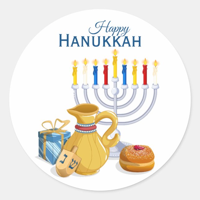 Sticker Rond Joyeux Hanoukka Menorah Oil Pitcher Sufganiyot (Devant)