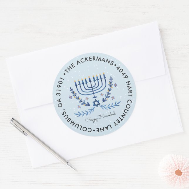 Sticker Rond Joyeux Hanukkah | Lumières de la Menorah Adresse d (Enveloppe)