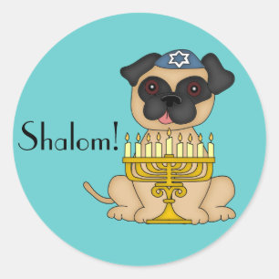 Sticker Rond Joyeux Hanukkah-Pug Chien avec Menorah