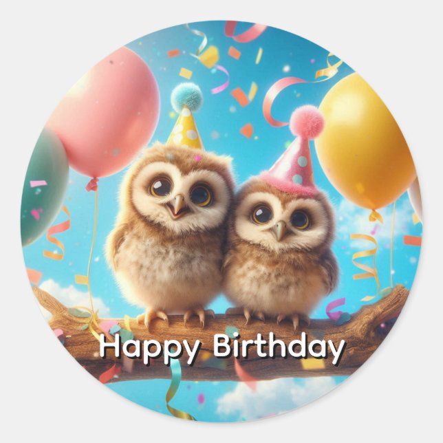 Sticker Rond Joyeux hibou d'anniversaire (Devant)