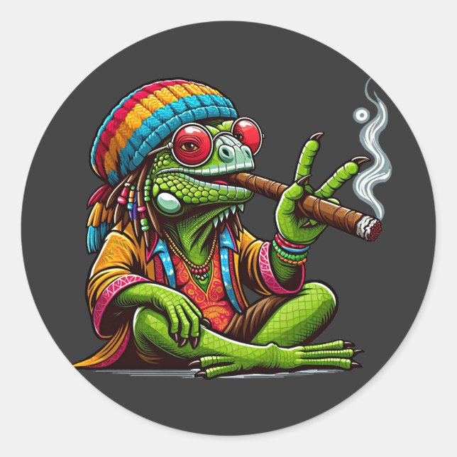 Sticker Rond Joyeux Hippy Iguana Fumer Cigar Art (Devant)