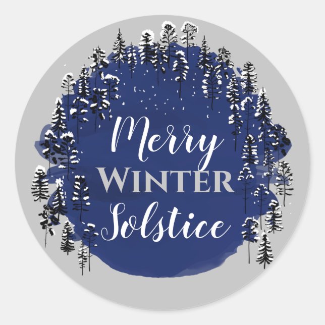 Sticker Rond Joyeux hiver Solstice Bleu et gris Yule Vacances (Devant)