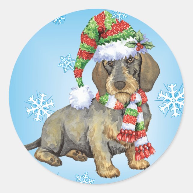 Sticker Rond Joyeux Howlidays À poils durs Dachshund (Devant)