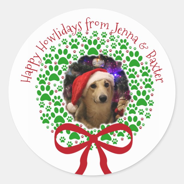 Sticker Rond Joyeux Howlidays Empreinte de patte Christmas Wrea (Devant)