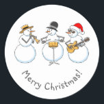 Sticker Rond Joyeux Jazzy Christmas Snowman Funny Jazzband<br><div class="desc">Le chevalet rond mignon Merry Classic présente une illustration de bande dessinée de Jazzband : trois Snowmen jouant d'une jolie chanson de Noël. Grand autocollant pour sceller une enveloppe ou un paquet cadeau à l'occasion de la meilleure saison des Fêtes. N'hésitez pas à me contacter via Zazzle si vous avez...</div>