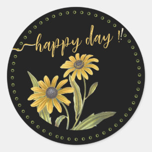 Sticker Rond Joyeux Jour avec marguerites jaunes Motivationnel