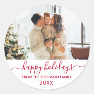 Sticker Rond Joyeux Jours fériés de la famille de script rouge