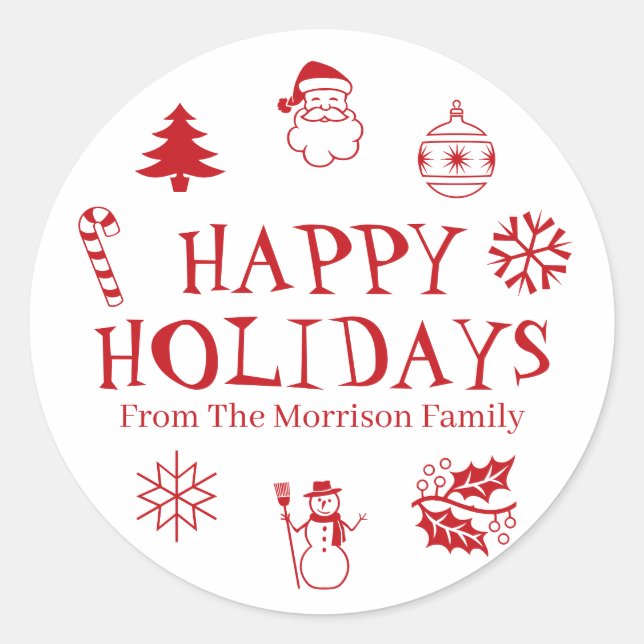 Sticker Rond Joyeux jours fériés rouge blanc nom personnalisé m (Devant)