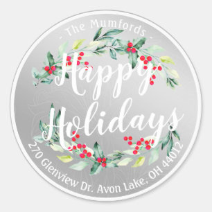 Sticker Rond Joyeux Joyeux Noël Holly Floral Adresse