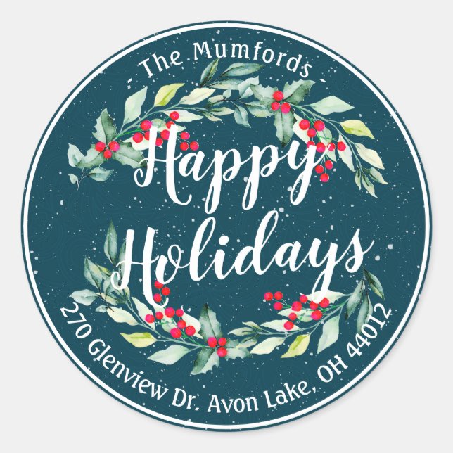 Sticker Rond Joyeux Joyeux Noël Holly Floral Adresse (Devant)